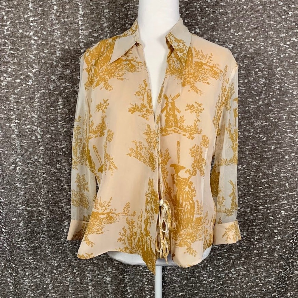 Ice Toile Print Tie Front Silk Blouse Yellow Coquette Cottagecore Women's Large